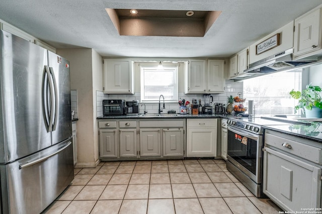 kitchen featuring white cabinetry, sink, stainless steel appliances, and range hood