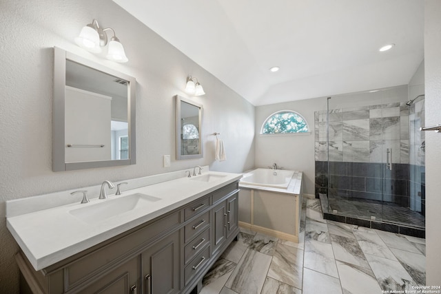 bathroom with separate shower and tub and vanity