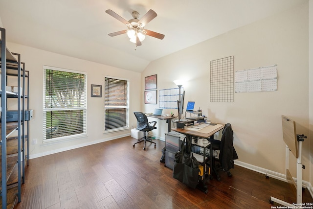 office area featuring ceiling fan, dark hardwood / wood-style floors, and lofted ceiling