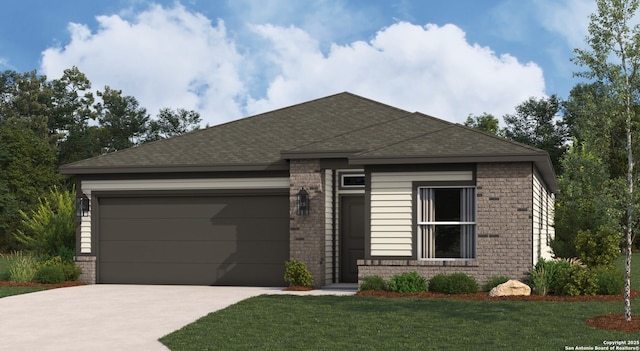 view of front of home featuring brick siding, concrete driveway, a garage, and a front lawn