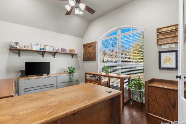 home office with lofted ceiling, ceiling fan, and dark wood-type flooring