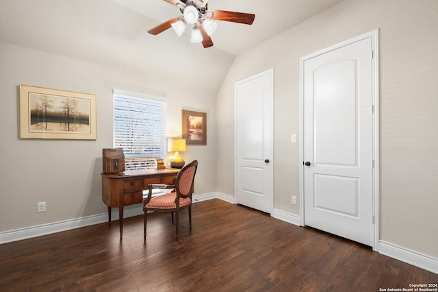 office featuring ceiling fan, dark wood-type flooring, and vaulted ceiling