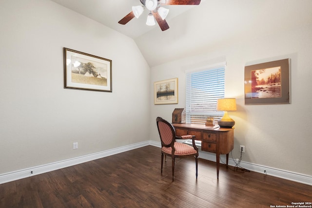 office area with ceiling fan, dark hardwood / wood-style flooring, and vaulted ceiling