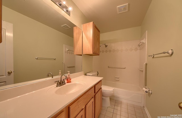 full bathroom with bathing tub / shower combination, tile patterned flooring, vanity, and toilet