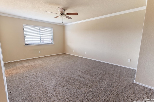 spare room with a textured ceiling, ceiling fan, carpet floors, and ornamental molding