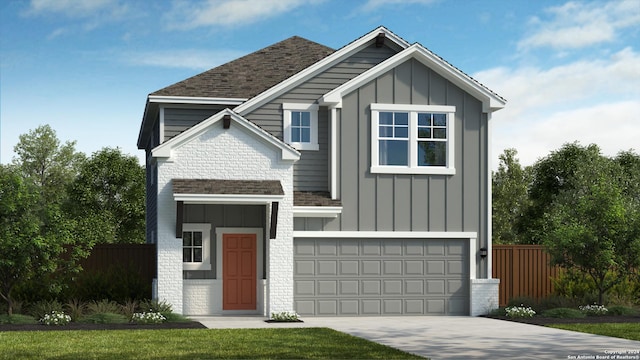 view of front of property featuring driveway, an attached garage, fence, and board and batten siding