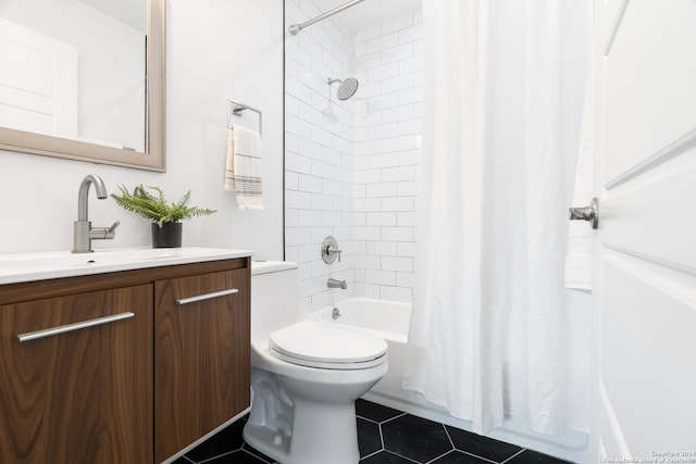 full bathroom with tile patterned flooring, vanity, shower / bath combo, and toilet