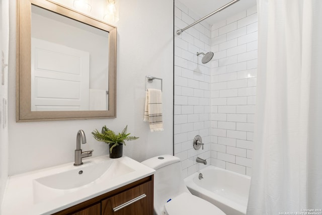 full bathroom with vanity, toilet, and shower / bathtub combination with curtain