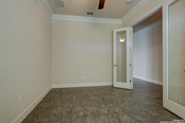 spare room with ceiling fan, french doors, and ornamental molding