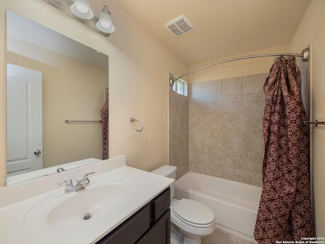 full bathroom featuring vanity, shower / bathtub combination with curtain, and toilet