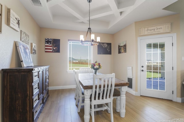 dining room featuring a notable chandelier, light hardwood / wood-style floors, beam ceiling, and coffered ceiling