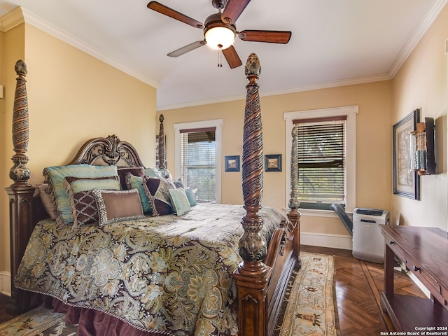 bedroom with multiple windows, dark parquet floors, ceiling fan, and crown molding