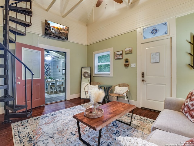 foyer entrance with high vaulted ceiling and dark wood-type flooring