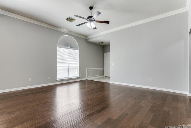 spare room with hardwood / wood-style flooring, ceiling fan, and ornamental molding