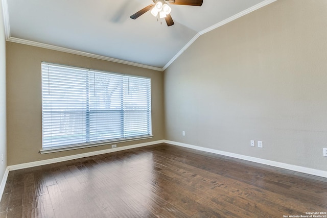 spare room with dark hardwood / wood-style floors, vaulted ceiling, ceiling fan, and ornamental molding