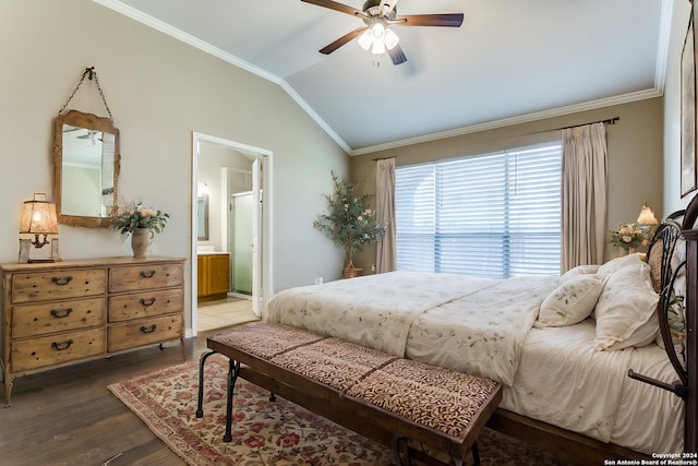 bedroom with connected bathroom, ceiling fan, crown molding, hardwood / wood-style floors, and lofted ceiling