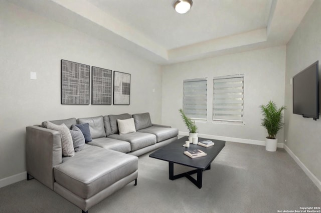 carpeted living room featuring a tray ceiling