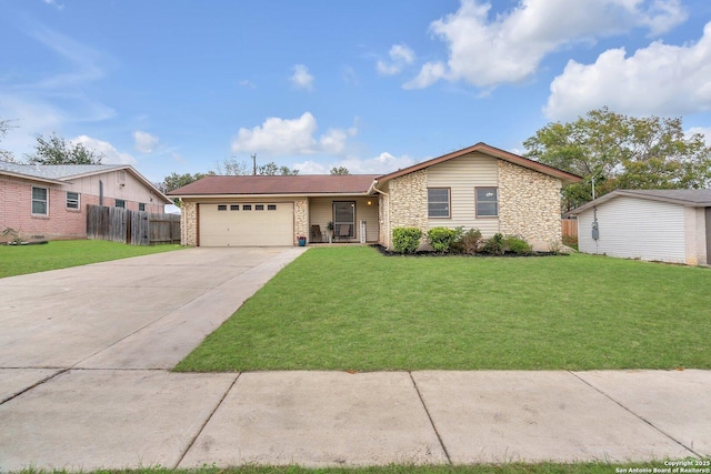 ranch-style home with a garage and a front yard