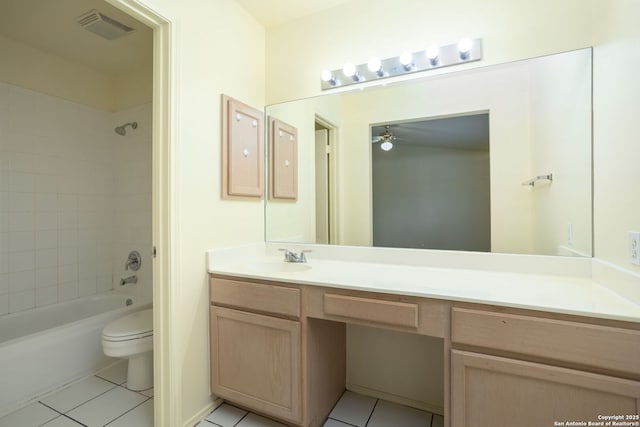 full bathroom featuring tile patterned floors, vanity, toilet, and tiled shower / bath combo