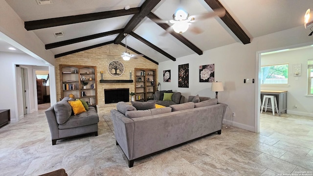 living room featuring high vaulted ceiling, a brick fireplace, ceiling fan, built in features, and beamed ceiling