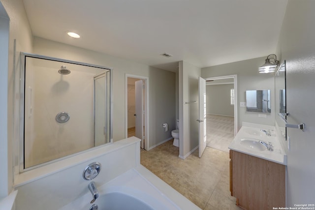 full bathroom featuring vanity, toilet, and plus walk in shower