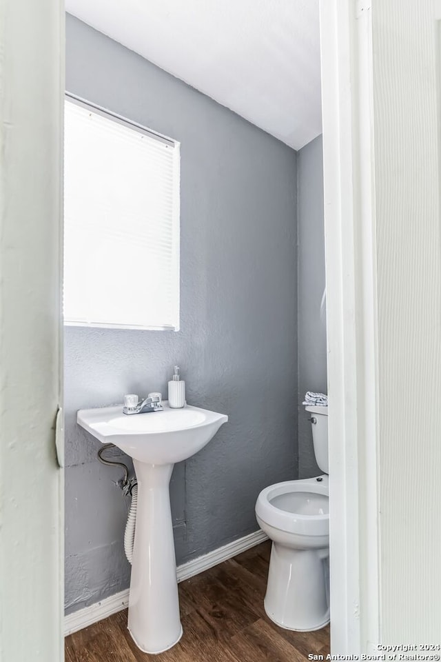 bathroom with hardwood / wood-style floors and toilet