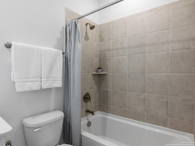 bathroom featuring toilet and shower / bathtub combination with curtain