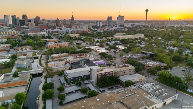 view of aerial view at dusk