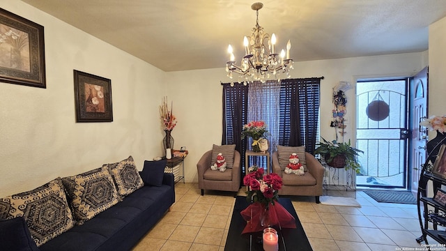 living room with light tile patterned floors and a notable chandelier