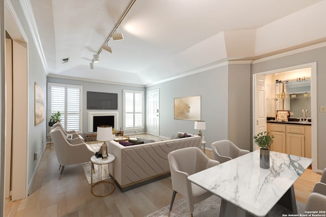 living room featuring ornamental molding, track lighting, and light hardwood / wood-style floors