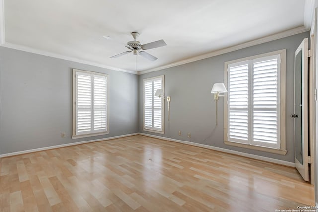 unfurnished room with light hardwood / wood-style floors, ceiling fan, a healthy amount of sunlight, and ornamental molding