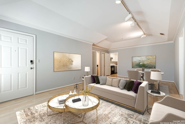 living room with a raised ceiling, light wood-type flooring, lofted ceiling, track lighting, and ornamental molding