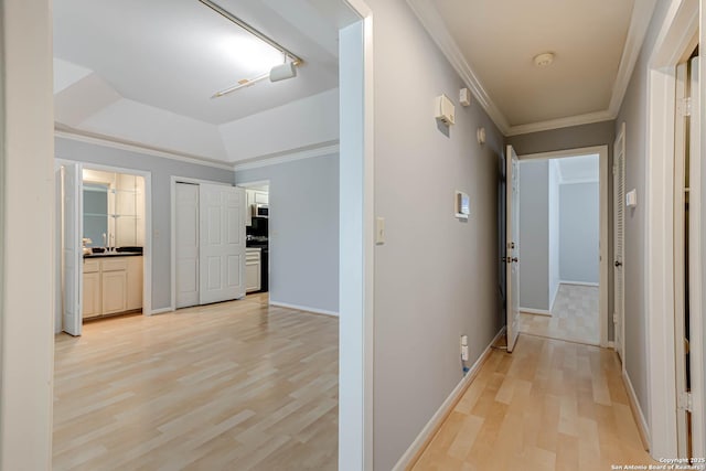 hallway with a tray ceiling, light hardwood / wood-style flooring, and ornamental molding