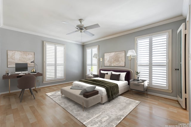 bedroom with multiple windows, ceiling fan, light wood-type flooring, and ornamental molding