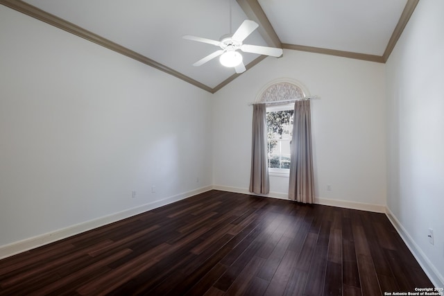 unfurnished room with vaulted ceiling with beams, dark hardwood / wood-style floors, ornamental molding, and ceiling fan