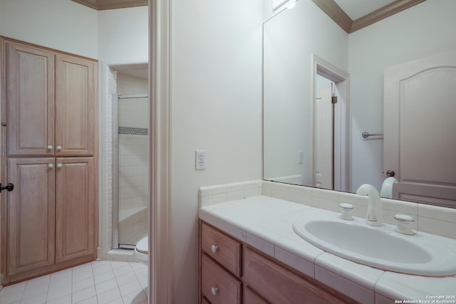 bathroom with tile patterned flooring, toilet, a shower with door, vanity, and ornamental molding