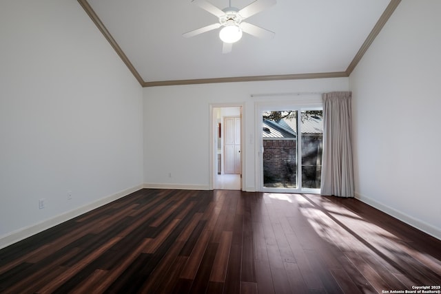 unfurnished room with ceiling fan, ornamental molding, and dark wood-type flooring