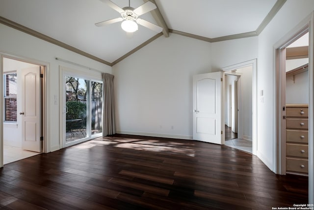 unfurnished room with beam ceiling, ceiling fan, hardwood / wood-style floors, and ornamental molding