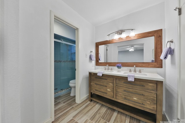 bathroom featuring vanity, an enclosed shower, and toilet