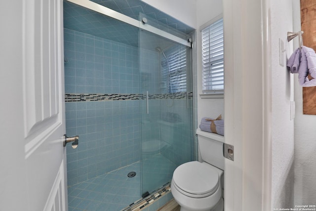 bathroom featuring an enclosed shower and toilet