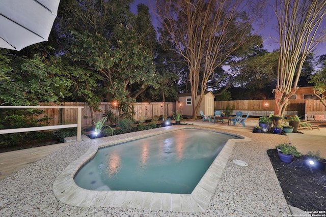 view of swimming pool with a patio area and a shed