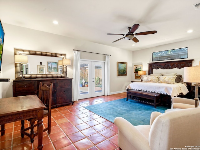 bedroom featuring french doors, access to outside, tile patterned floors, and ceiling fan