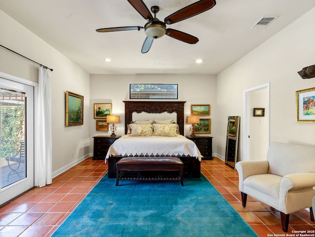 bedroom featuring access to outside, ceiling fan, and tile patterned flooring