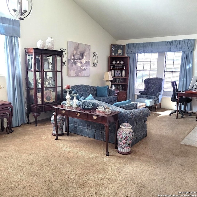 living room featuring carpet floors and vaulted ceiling