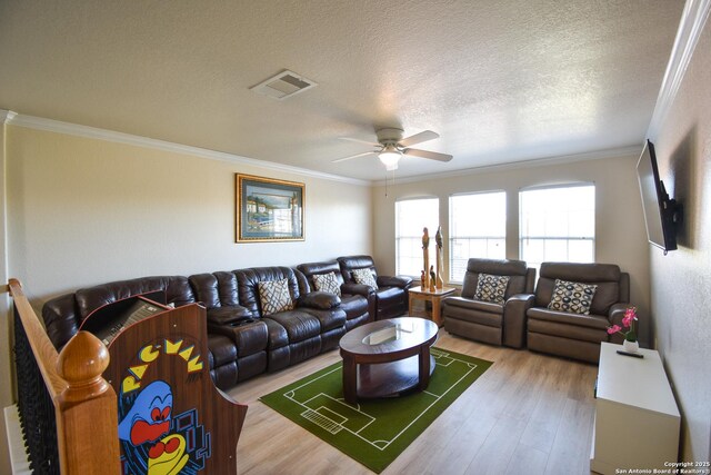 living room with hardwood / wood-style flooring, ceiling fan, ornamental molding, and a textured ceiling