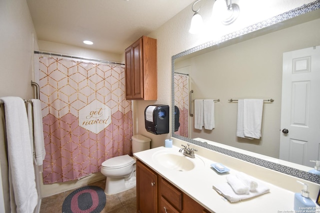 full bathroom with toilet, shower / bath combo, vanity, and tile patterned floors