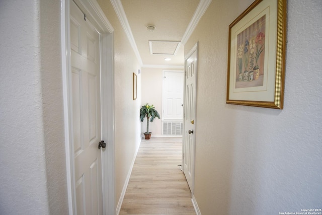 hallway with light wood-type flooring and ornamental molding