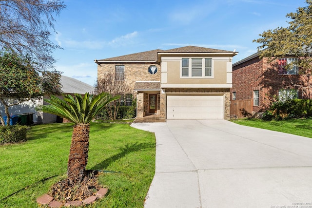 view of front facade with a garage and a front lawn