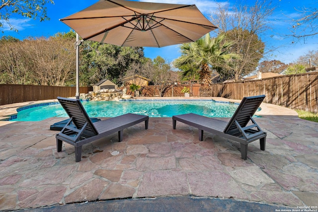 view of pool featuring a patio area and an outdoor fireplace