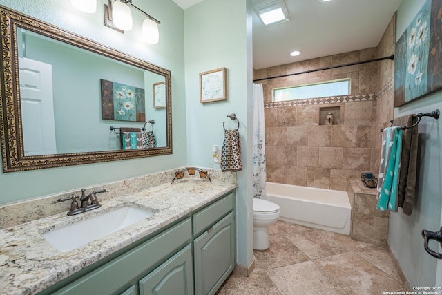 full bathroom with shower / bathtub combination with curtain, vanity, and toilet